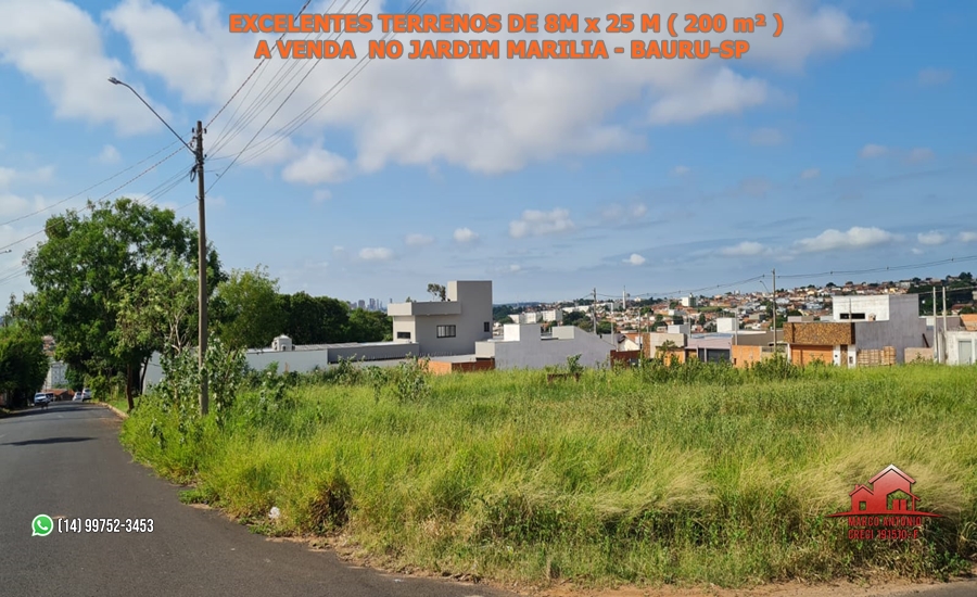 Excelentes Terrenos de 200 m² ( 8m x 25 m ) a Venda no Jardim Marilia – Bauru/SP