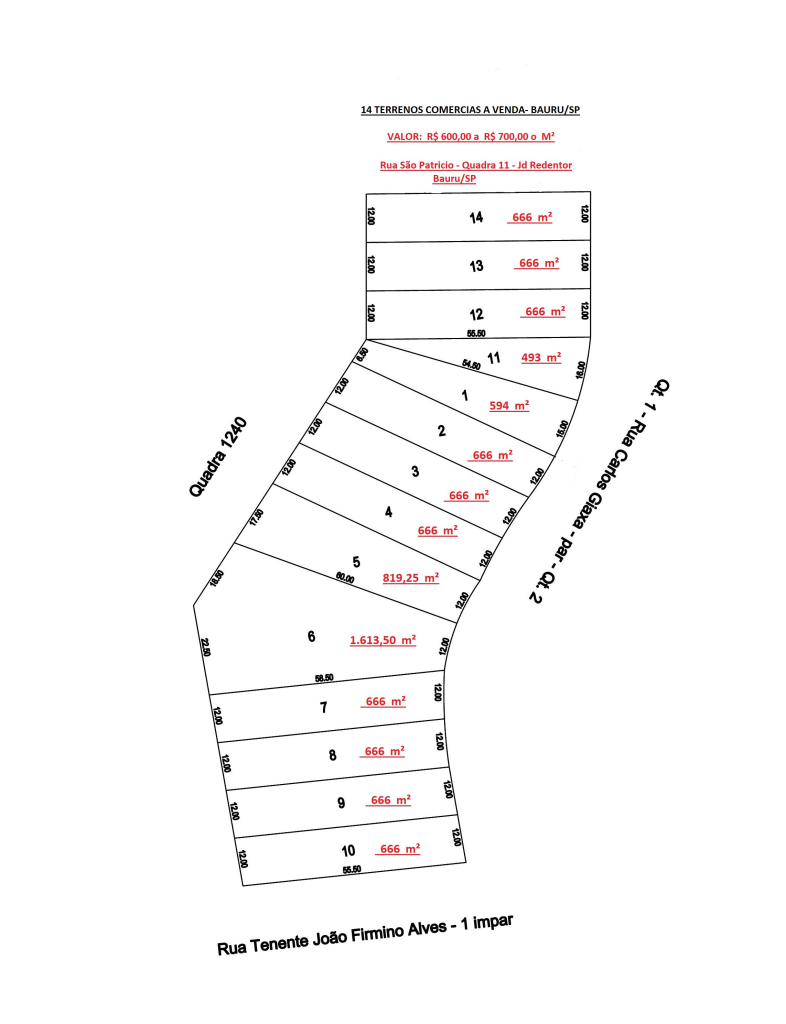 14 Terrenos Comerciais a Venda no Jardim Redentor – Bauru, SP